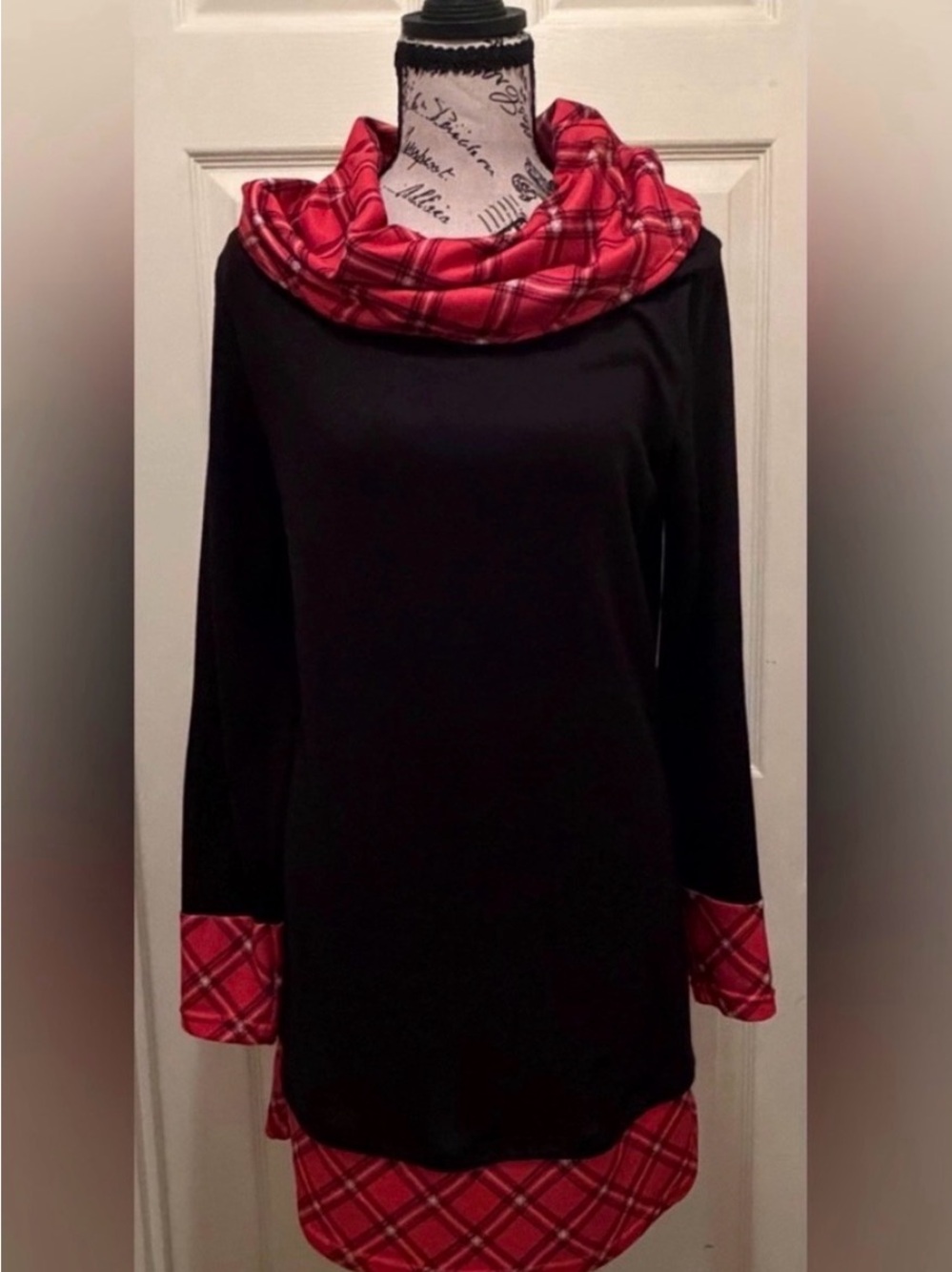 Women’s Black Sweater Tunic Top/Dress with Red Plaid Accents